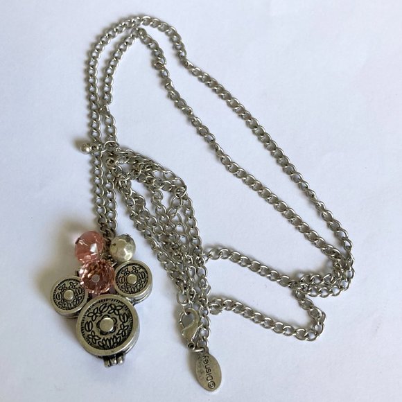 Vintage Disney Hidden Mickey Mouse Ears Locket Necklace Silver Tone Pink 30" - Picture 12 of 14